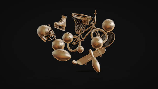 Random gold sports equipments on black background
