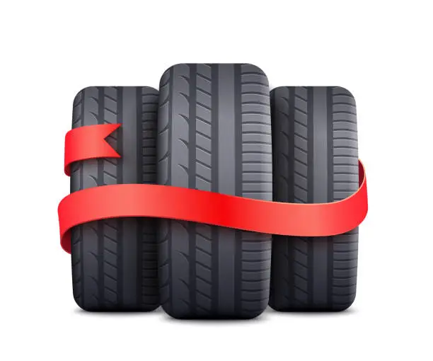 Vector illustration of Black car tires wrapped with red ribbon - free gift or discount promotion element