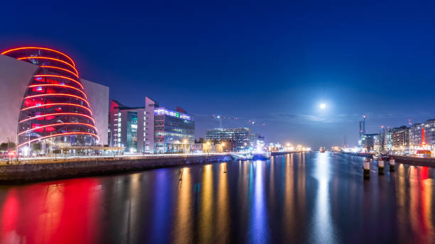 istock Blue hour at Dublin docks. Beautifully illuminated embankment and harbour. 1199738959