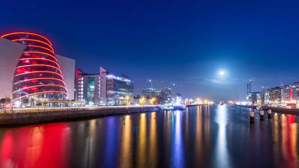 Photo of Blue hour at Dublin docks. Beautifully illuminated embankment and harbour.