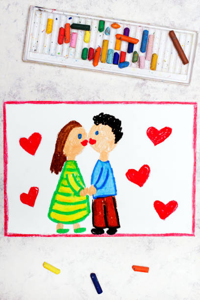 zdjęcie kolorowego rysunku: całowanie pary. kartka walentynkowa - kredka całują zdjęcia i obrazy z banku zdjęć