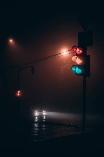istock traffic light at night in the fog 1199740549