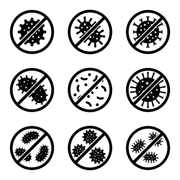 ilustrações, clipart, desenhos animados e ícones de ícone antibacteriano e antiviral do jogo da defesa. parar as bactérias e vírus sinal de proibição, logotipo isolado em fundo branco - bactéria
