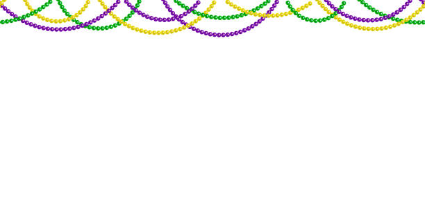 Seamless horizontal pattern beautiful beads Seamless horizontal pattern beautiful yellow, green, purple beads on a white background. Mardi Gras Party. Venetian carnival Mardi Gras party. Great for horizontal posters, header for website. Vector Bead stock illustrations