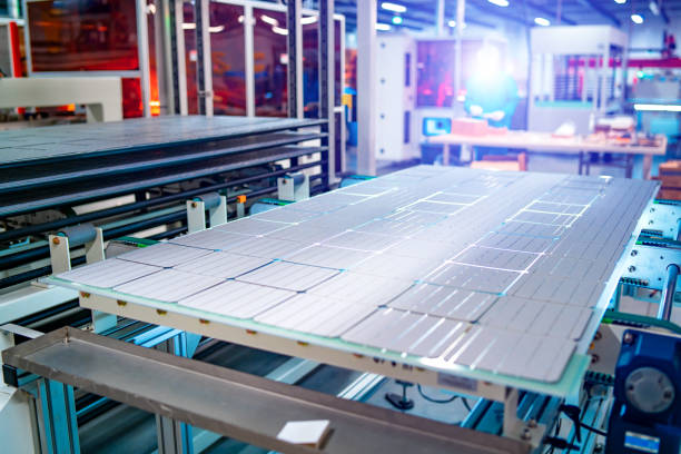 production of solar panels. - automatically imagens e fotografias de stock