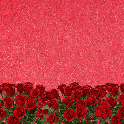 3D Red rose objects on bottom of red paper effect background with a large copy space.