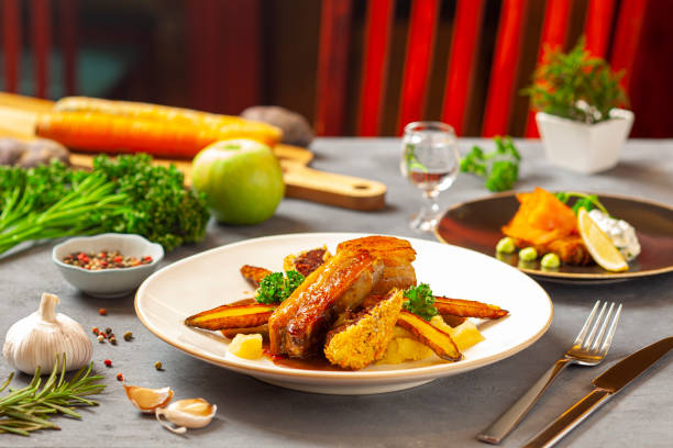 istock Pork trio - slow roasted bacon, glazed ribs, black pudding in panko 1199747632