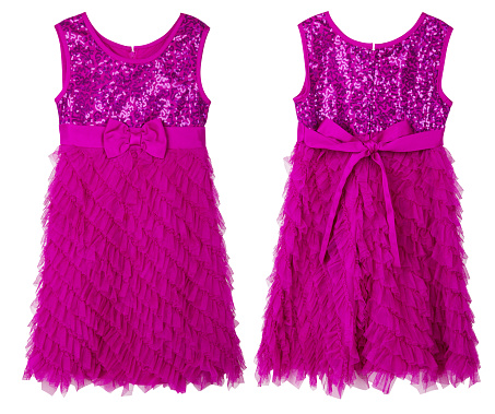 Girl's fuchsia colored dress in sequins isolated on white background. Sleeveless cute female dress