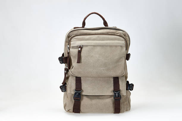 Brown backpack on white background stock photo