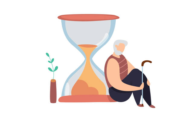 ilustrasi vektor modern orang tua duduk di dekat jam pasir. konsep seumur hidup. siklus hidup. penuaan. depresi lansia - time life ilustrasi stok