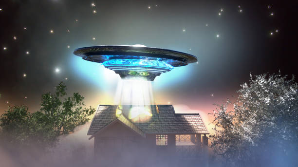 istock ufo flying saucer over the house, 3D render 1199758477