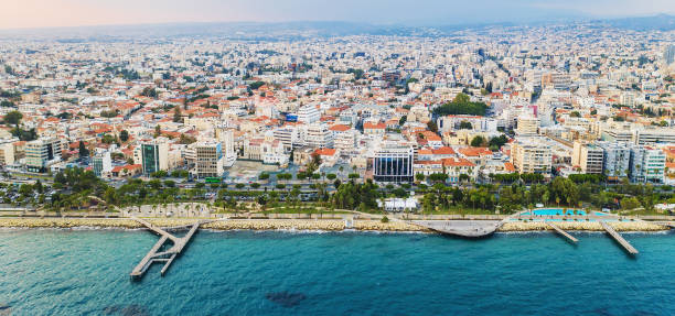 Limassol panorama, Cyprus. Coastline, beach and city buildings, aerial view from above Limassol panorama, Cyprus. Coastline, beach and city buildings, aerial view from above. limassol marina stock pictures, royalty-free photos & images