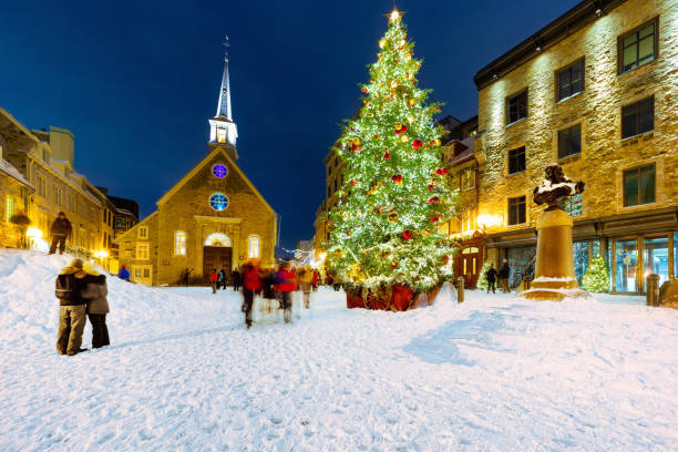 Quebec City, Canada - January 1,2020: Christmas tree in the middle of Place Royale with the Notre-Dame-des-Victoires church in the background.