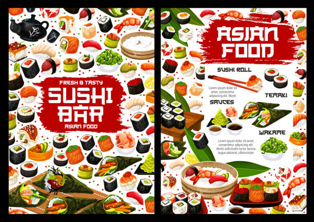 illustrazioni stock, clip art, cartoni animati e icone di tendenza di involtini di sushi, sashimi, maki, temaki. cibo giapponese - japanese cuisine temaki sashimi sushi