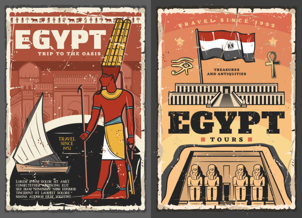 Egypt tour vector design with ancient Egyptian travel landmarks and flag. Temples of pharaoh Ramesses and Djeser-Djeseru, eye of Horus and ankh symbol, Nile river, felucca boat and god Amun posters