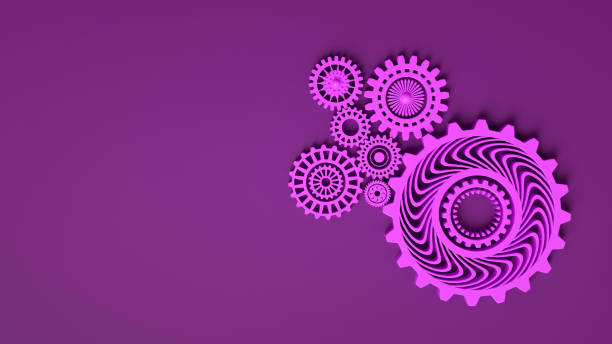 3d illustration of interlocking cogwheels in purple violet color. Minimal concept. 3d render. Monochrome. Copyspace. Concept of cooperation, business mechanism and teamwork.