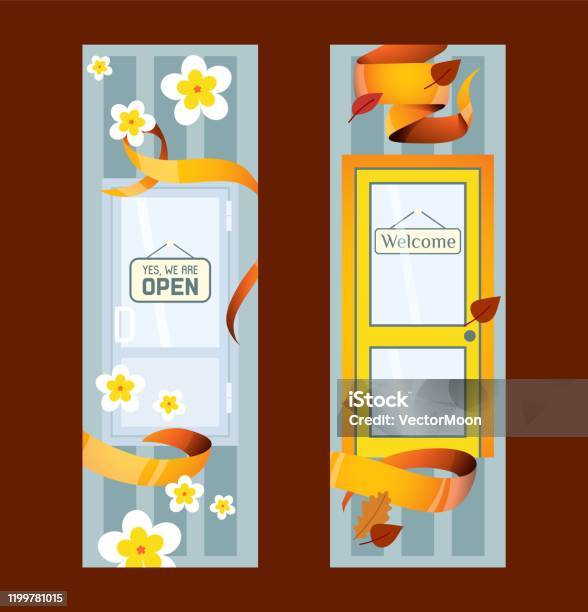 Pintu Depan Ke Rumahrumah Dan Bangunan Set Spanduk Dalam Ilustrasi
