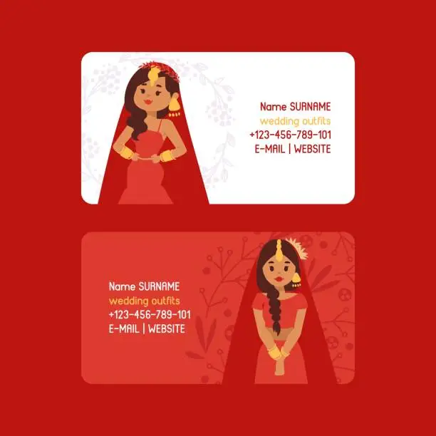 Vector illustration of Wedding outfits set of business cards vector illustration. Beautiful indian woman wearing bridal clothing. Traditional celebration, love ceremony, hinduism costume. Red sari. Bollywood star fashion.