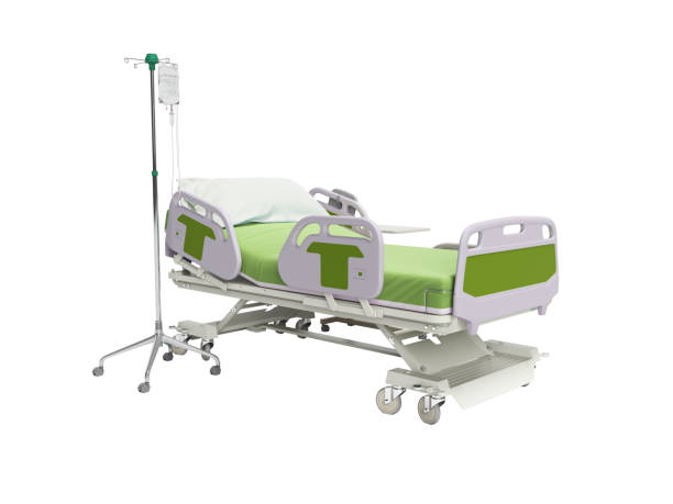 istock Concept green hospital bed semi automatic with remote control and drip on tripod 3d render on white background no shadow 1199781205