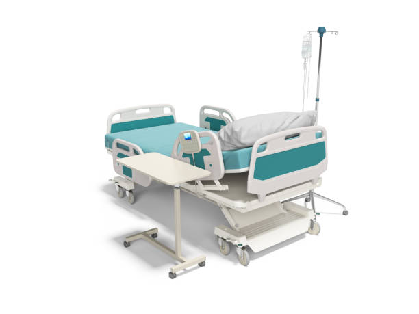 istock Concept hospital bed semi automatic with dropper 3d render on white background with shadow 1199781213