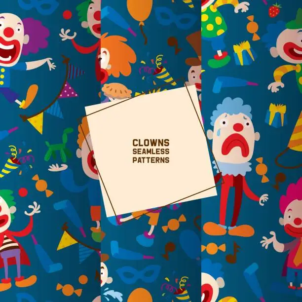 Vector illustration of Funny clowns characters and different circus accessories seamless pattern. Character cartoon clown, comedian and jester performance in costume, vector illustration. Laughing, sad faces.