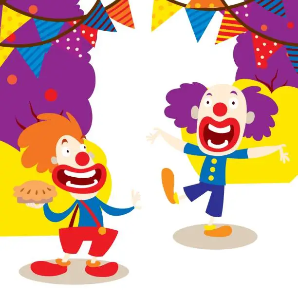 Vector illustration of Clowns for your party banner vector illustration. Funny characters and different circus accessories. Cartoon clown holding pie, comedian and jester performance in costume.