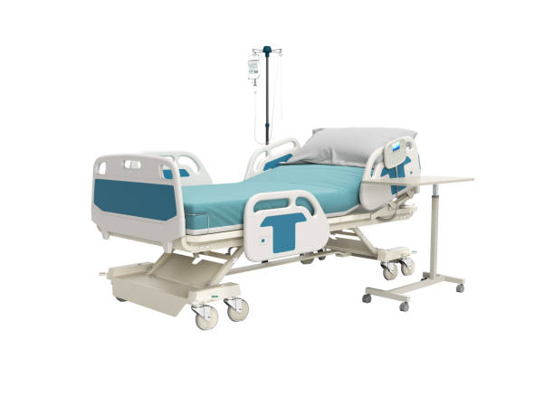istock Concept hospital bed with electronic control from the console with dropper and table 3d render on white background no shadow 1199781390