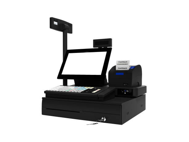 istock Gray cashier with monitor with cashback function when printing check 3d render on white background no shadow 1199781660