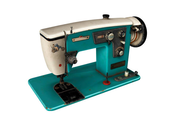 istock Blue old electric sewing machine falls on the floor 3d render on white background no shadow 1199781729
