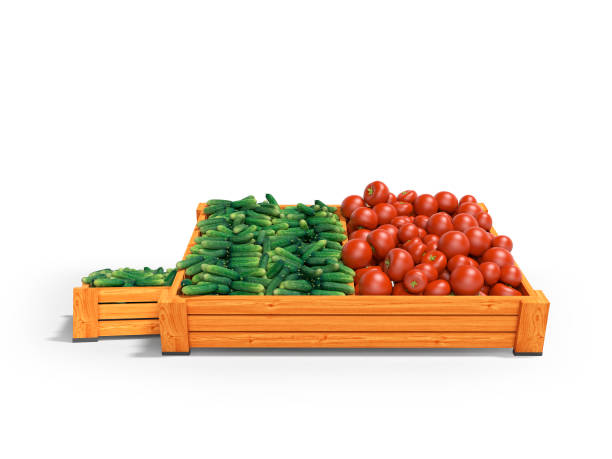 istock Tomatoes and cucumbers in box for sale 3d render on white background with shadow 1199781756