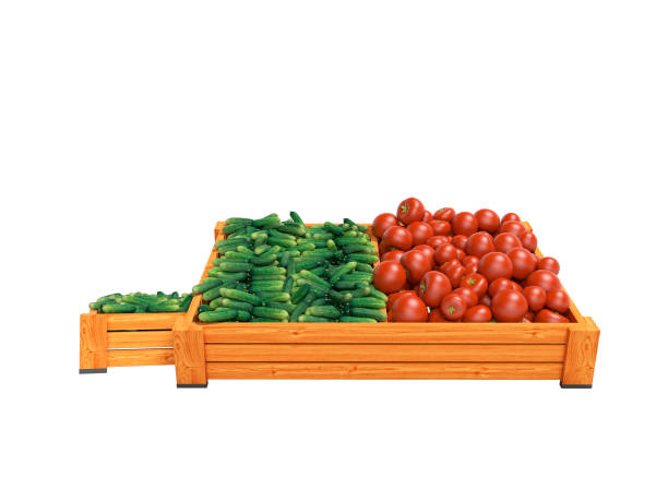 istock Tomatoes and cucumbers in box for sale 3d render on white background no shadow 1199781799
