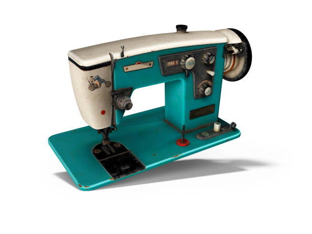 istock Blue old electric sewing machine falls on the floor 3d render on white background with shadow 1199781824