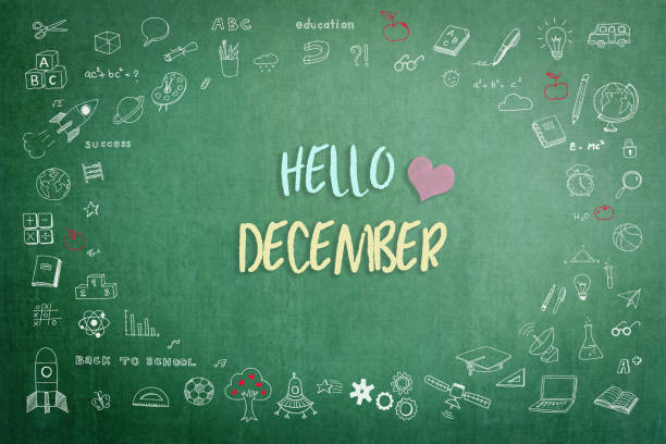 istock Hello December greeting on green school teacher's chalkboard with creative student's doodle of learning education graphic freehand illustration icon for back to school month concept 1199783853