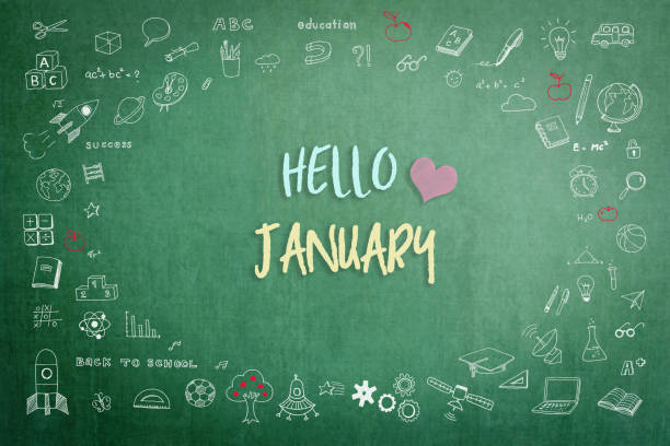 istock Hello January greeting on green school teacher's chalkboard with creative student's doodle of learning education graphic freehand illustration icon for back to school month concept 1199783854