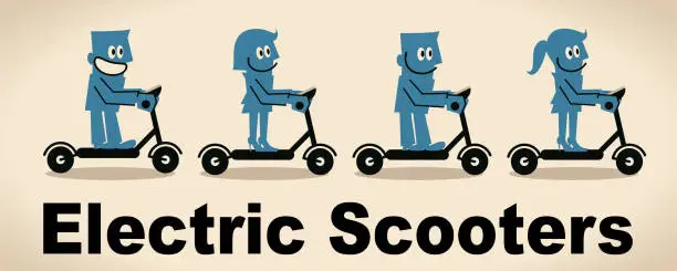 Vector illustration of Blue people riding electric scooters (Push Scooter)