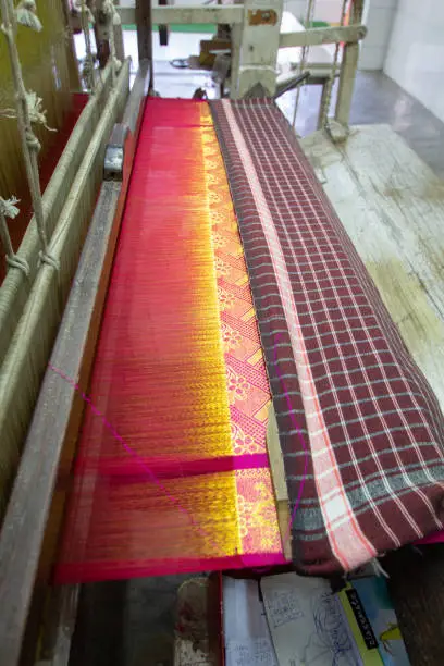 Silk weaver at his loom in his house, weaving Kanchipuram silk sari, Kanchipuram, Tamil Nadu, India, Asia