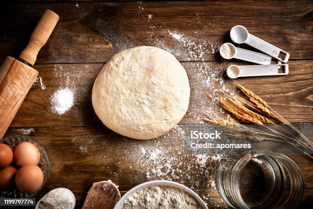 Artisanal Bakery Dough Making Ingredients And Utensils Stock Photo - Download Image Now