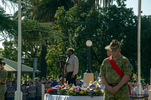 Welcome to Country at ANZAC Day commemorations 25 April 2019, Leeton, NSW, Australia.    ANZAC day is a day of remembrance in Australia and New Zealand commemorating landing at Gallipoli in world war 1.