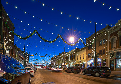 Denver, Colorado, USA - December 29, 2019: Larimer St under the Christmas lights on a clear winter evening.