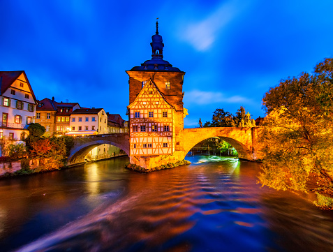 Amazing night scape of Old Town Hall of Bamberg, Germany. UNESCO World Heritage Site.