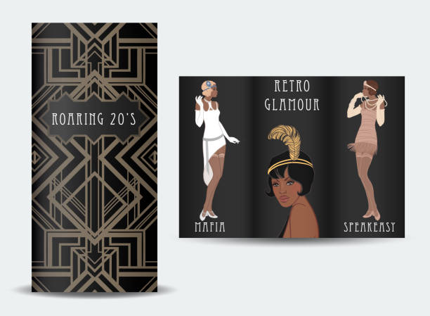 Retro fashion: glamour girl of twenties (African American woman). Vector illustration. Flapper  20's style. Vintage party invitation design template. vector art illustration