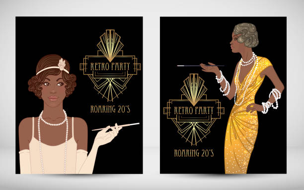 moda retro: dziewczyna glamour lat dwudziestych (african american kobieta). ilustracja wektorowa. flapper 20 w stylu. szablon projektu zaproszenia do vintage strony. - 1920s style image created 1920s 20s women stock illustrations