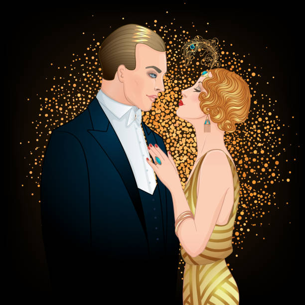 Beautiful couple in art deco style. Retro fashion: glamour man and woman of twenties. Vector illustration. Flapper 20's style. Beautiful couple in art deco style. Retro fashion: glamour man and woman of twenties. Vector illustration. Flapper 20's style. Vintage party  or thematic wedding invitation design template. 1930s style men image created 1920s old fashioned stock illustrations