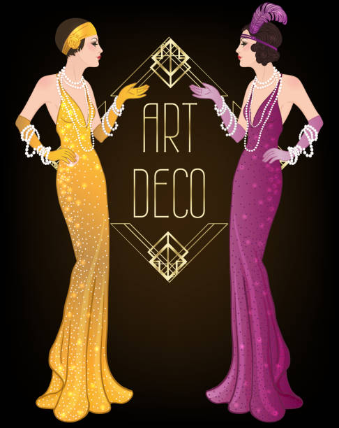 ilustraciones, imágenes clip art, dibujos animados e iconos de stock de diseño de plantilla de invitación vintage art déco con ilustración de flapper chica. patrones y marcos. conjunto de fondo de fiesta retro (estilo de 1920). vector para evento de glamour. - 1920s style illustrations