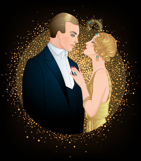 ilustrações de stock, clip art, desenhos animados e ícones de beautiful couple in art deco style. retro fashion: glamour man and woman of twenties. vector illustration. flapper 20's style. - 1920s style smoking 20s smoking issues