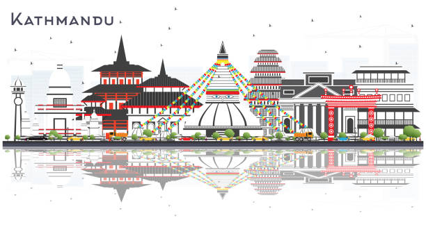 Kathmandu Nepal Skyline with Gray Buildings and Reflections Isolated on White. Kathmandu Nepal Skyline with Gray Buildings and Reflections Isolated on White. Vector Illustration. Business Travel and Tourism Concept with Historic Architecture. Kathmandu Cityscape with Landmarks. kathmandu people stock illustrations