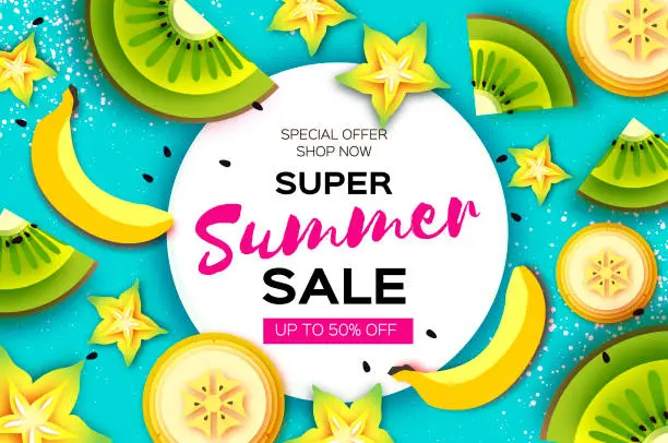 Vector illustration of Slice of kiwi, carambola and banana. Super Summer Sale Banner in paper cut style. Origami juicy ripe green yellow slices. Healthy food on blue. Summertime.