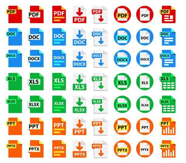 Big Collection of vector icons. File format extensions icons. Big Collection of vector icons. File format extensions icons. 8 different design options. PDF, DOC, DOCx, XLS, XLSx, PPT, PPTx. adobe material stock illustrations