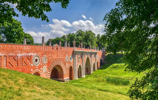 Ancient brick bridge. The architecture of the Tsaritsyno Park in Moscow