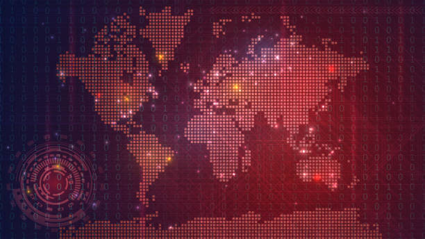Red technological map Dark red technological map of the world with luminous dots, global information network on a digital screen threats stock illustrations